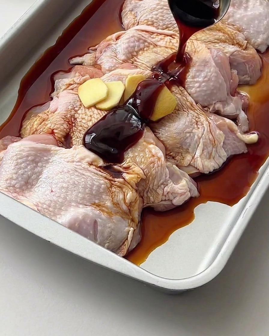 Salsa di soia scura versata da un piccolo mestolo sopra le cosce di pollo crude e lo zenzero.