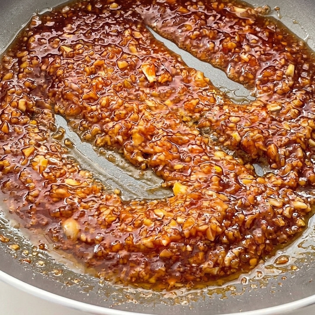 Un composto ricco, scuro e frizzante di aglio e salsa di soia che bolle in una padella.