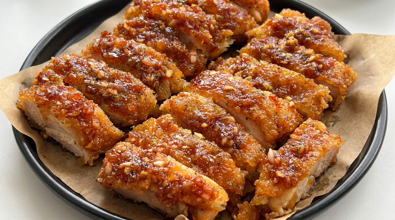 Cosce di pollo fritte, dorate e tagliate, ricoperte di salsa allaglio densa, guarnite con semi di sesamo e aglio fresco.