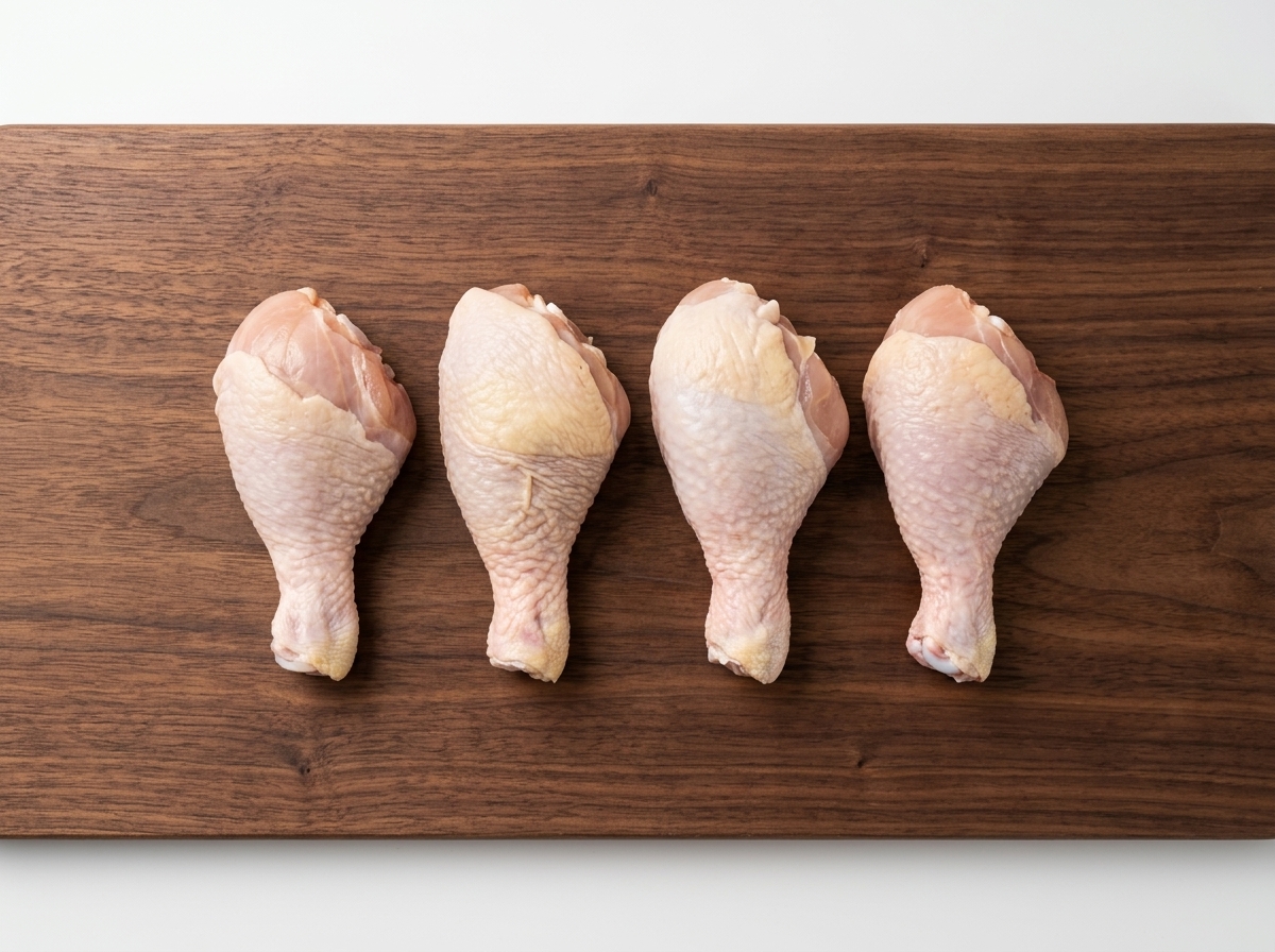 Quattro fusi di pollo crudi disposti ordinatamente uno accanto allaltro su un tagliere di legno scuro.