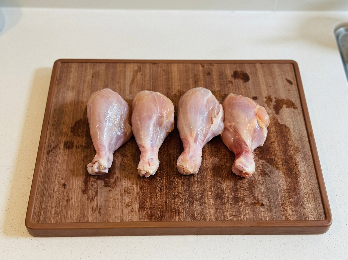 Quattro fusi di pollo crudi senza pelle adagiati su un tagliere marrone.
