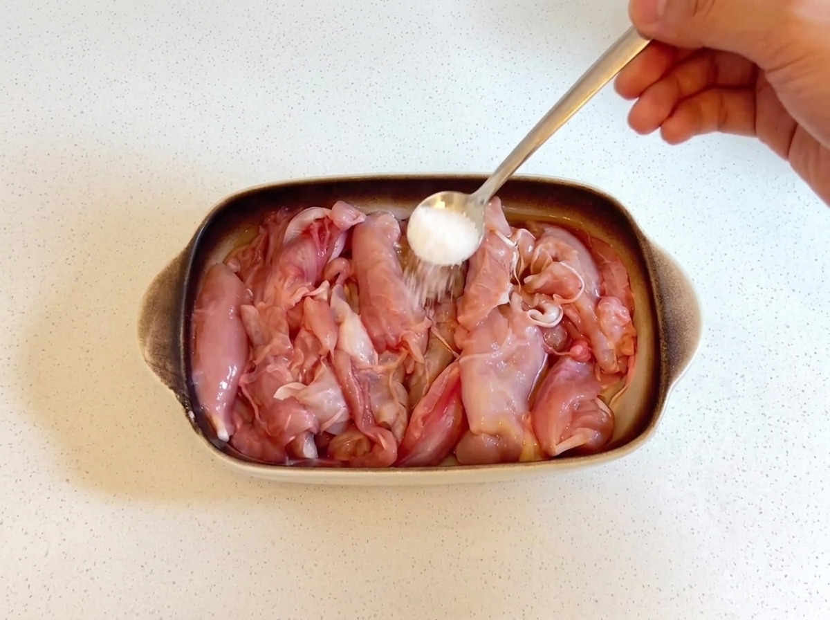 Un cucchiaio di sale spolverato sui pezzi di pollo crudi allinterno di una teglia di ceramica.