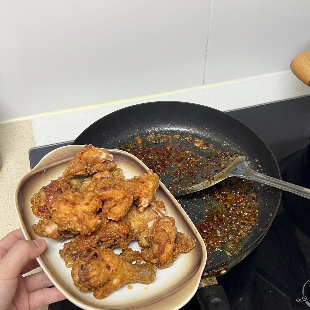 Una mano che tiene un piatto di ceramica di pezzi di pollo fritto dorato accanto a una padella contenente un composto di salsa ribollente.