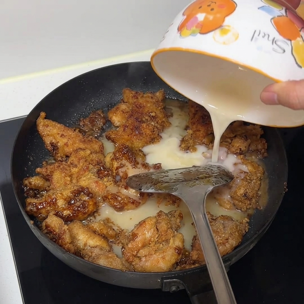 Pezzi di pollo che sobbollono in una salsa ricca allinterno di una padella a fuoco vivo.