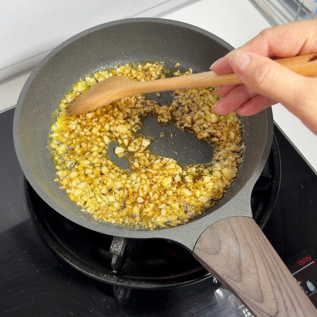 Aglio tritato e burro che si sciolgono e sobbollono in una padella con un cucchiaio di legno che mescola.
