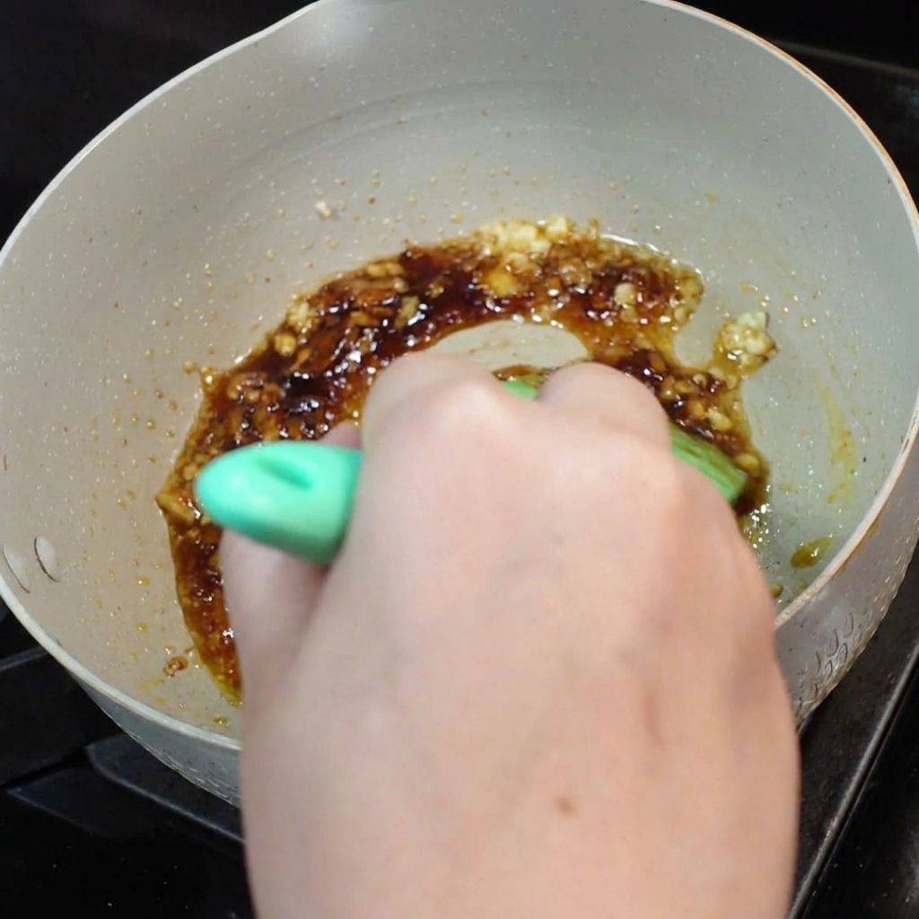 Il composto di salsa mescolato accuratamente con una spatola verde nella padella.