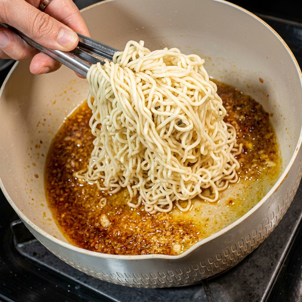 Un paio di pinze di metallo che sollevano e mettono i noodle cotti nella padella contenente la salsa.