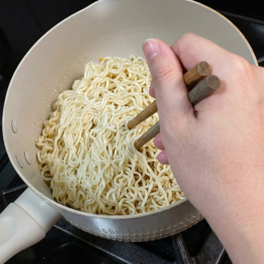 Bacchette di legno che muovono un mucchio di noodle allinterno della padella per amalgamarli con la salsa.