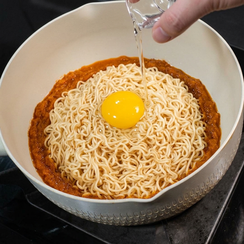 Un uovo intero crudo rotto sopra una montagna di noodle allinterno della padella.