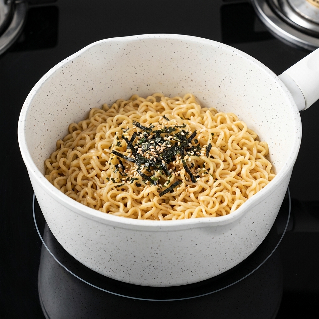 Una manciata di fiocchi di alghe e semi di sesamo disposti sopra i noodle cotti in una pentola bianca.