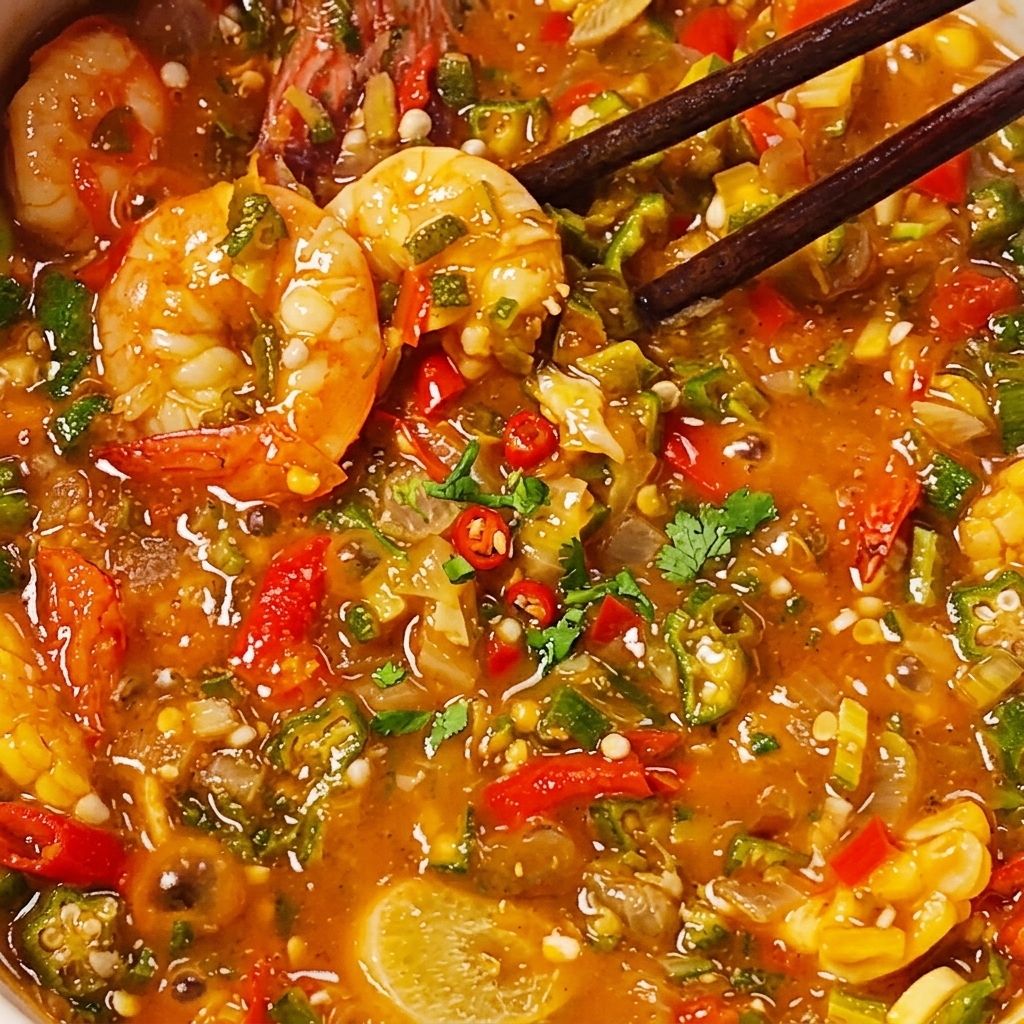 Un cucchiaio di sale spolverizzato nello stufato denso e cotto di okra e gamberi per insaporire.