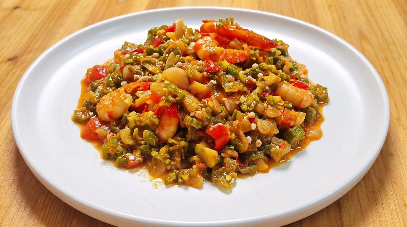 Una vista ravvicinata dello stufato finito di okra e gamberi servito su un piatto bianco pulito, che mostra pezzi di okra verde, pomodori rossi e gamberi cotti rosa.