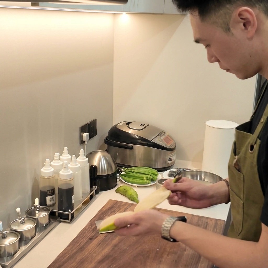 Un paio di mani che affettano un platano crudo sbucciato in pezzi grossi su un tagliere.