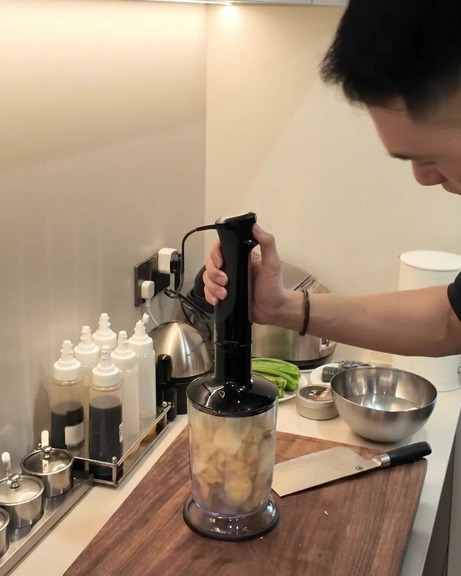 Una persona che versa una piccola quantità di acqua nella caraffa del frullatore con gli ingredienti.