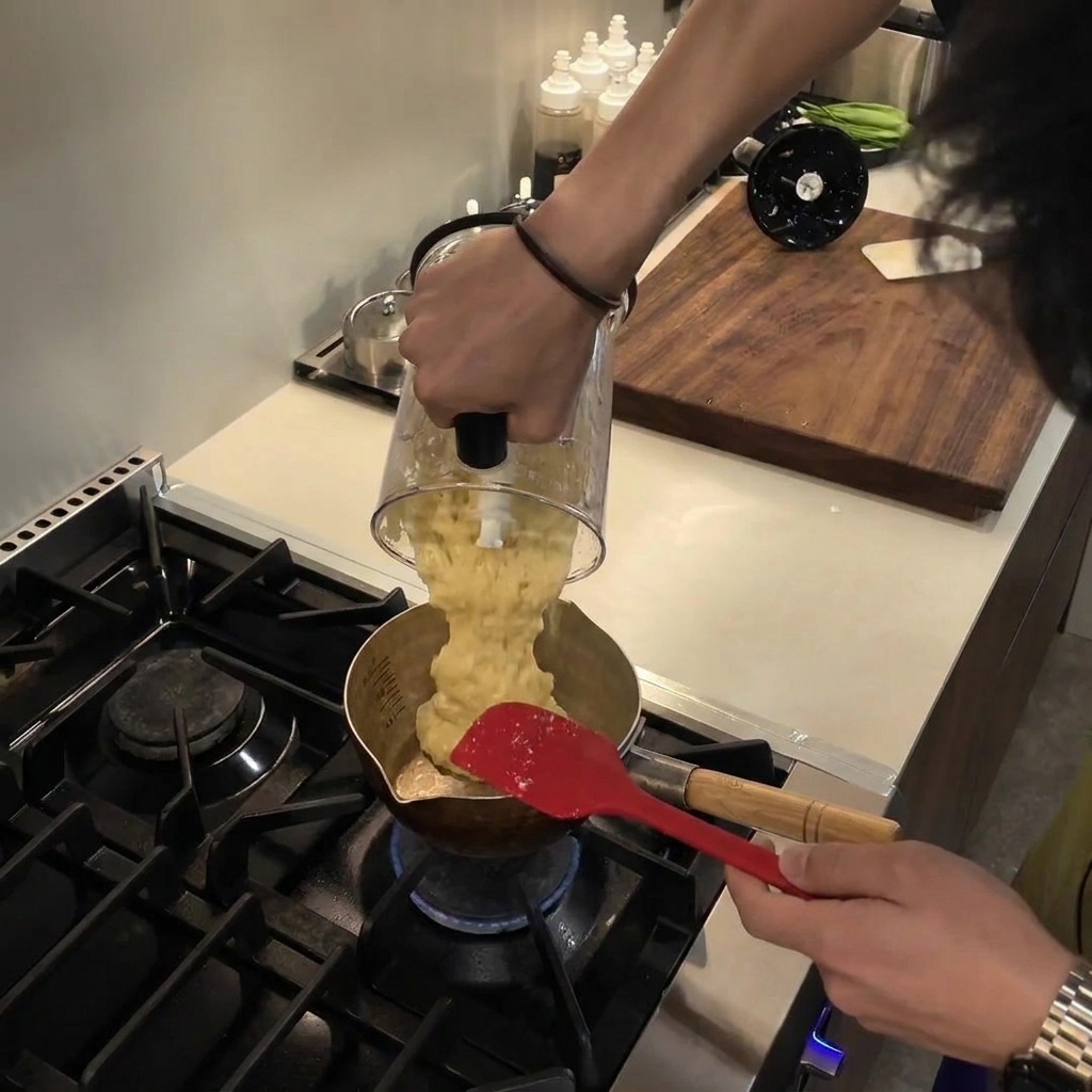 Versamento di una purea liscia e giallo pallido da una caraffa del frullatore in un piccolo pentolino di metallo su un piano cottura a gas.
