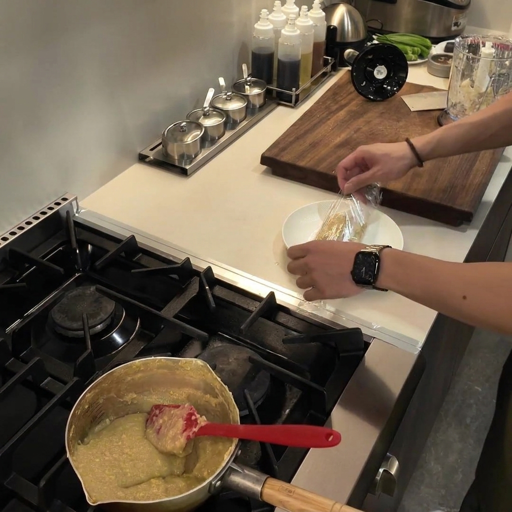 Mani che modellano e avvolgono strettamente un blocco di fufu appena cotto in pellicola trasparente su un piatto bianco.
