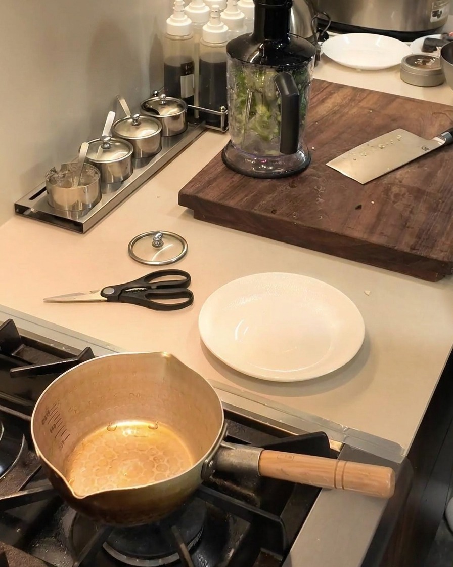 Un robot da cucina riempito di okra verde tritata posizionato su un bancone della cucina, pronto per essere azionato a impulsi.