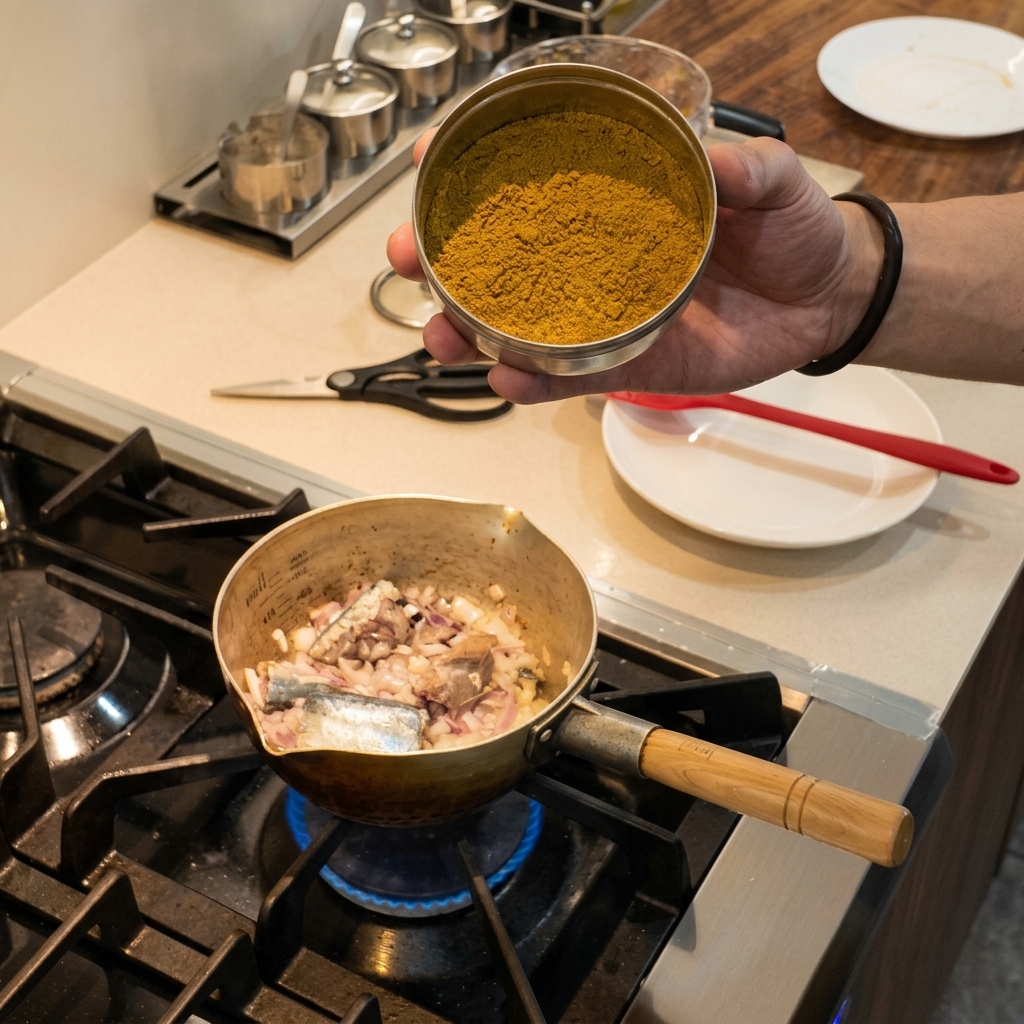 Una mano che tiene una ciotola di polvere di spezie masala di pesce gialla sopra una pentola di cottura piena di pesce e cipolle.