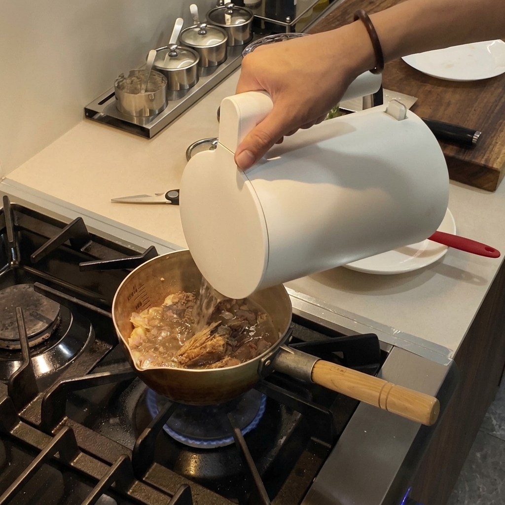 Un contenitore bianco che versa olio di peperoncino rosso scuro in una pentola di brodo in ebollizione sul fuoco.