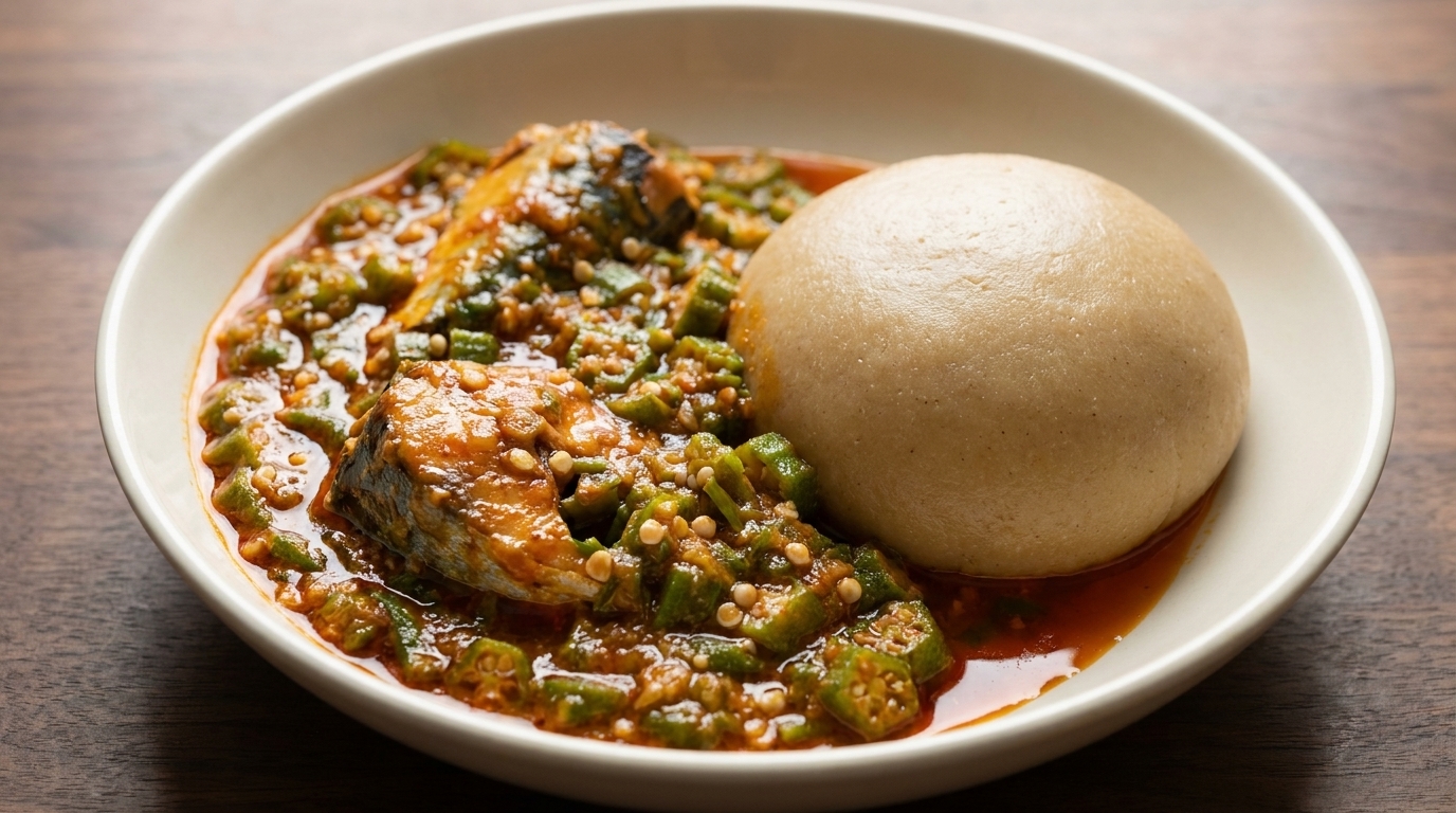 Fufu africano con zuppa di okra e pesce