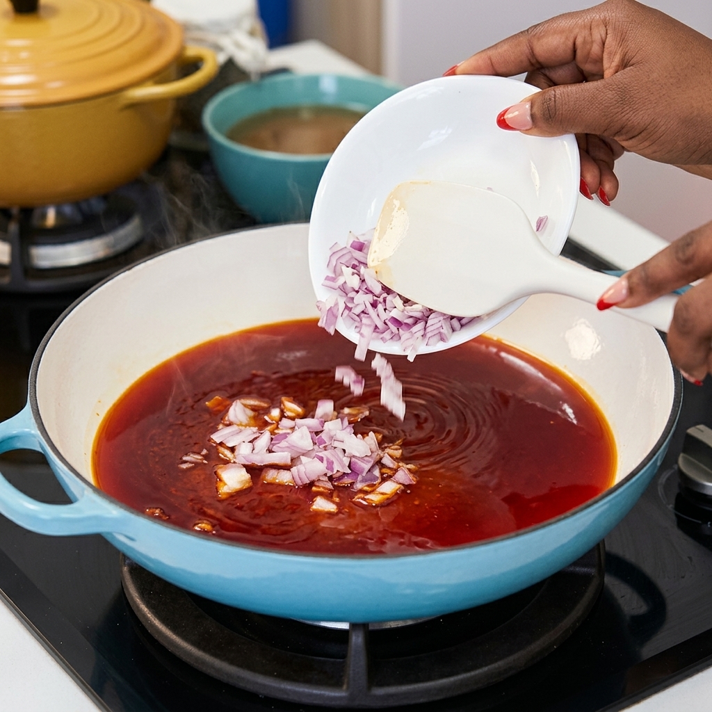 Cipolle rosse a cubetti versate da un piatto bianco in una padella piena di vibrante olio di peperoncino rosso.