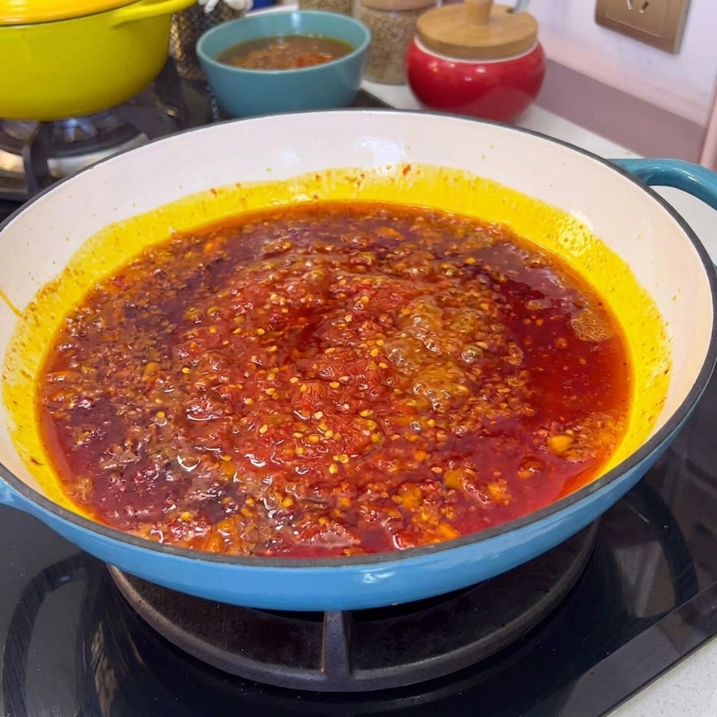 Salsa di peperoncino rosso che sobbolle e fa le bolle in una padella con olio e cipolle.