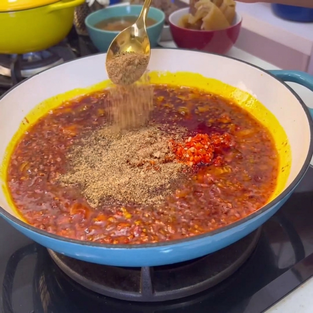 Un cucchiaio di spezie in polvere spolverato sulla salsa di peperoncino rosso che sobbolle in una padella.