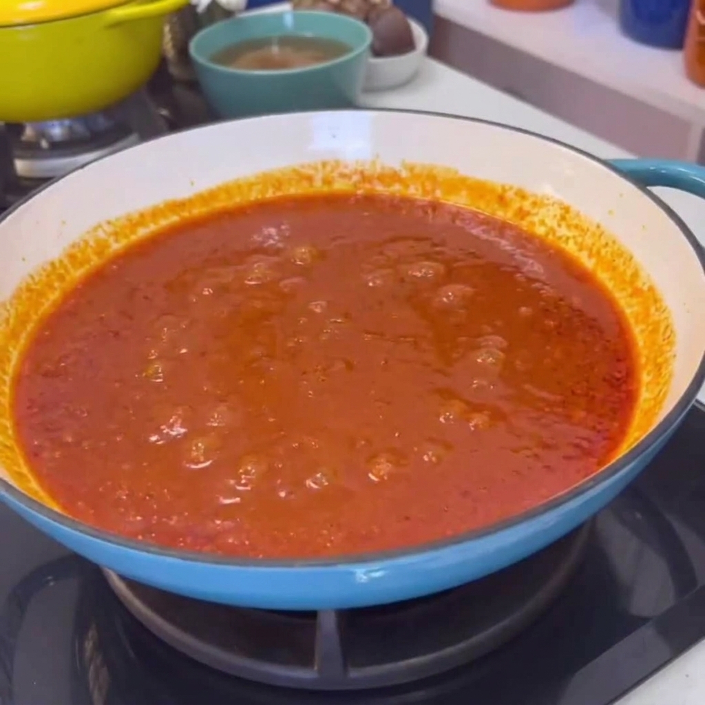Un grande piatto di cotenna di maiale cotta versata e mescolata in una vibrante salsa di peperoncino rosso in una pentola blu.