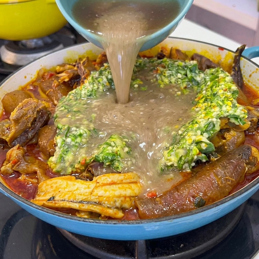 Ricco brodo di ossa di manzo marrone versato da una ciotola in una grande pentola di cottura contenente okra e carni.