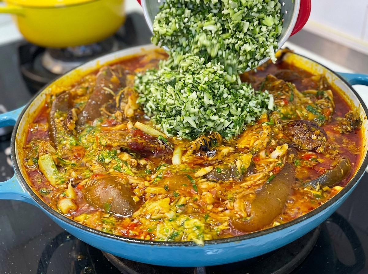 Altra okra verde tritata aggiunta a una pentola traboccante di zuppa e mescolata con cura con una spatola.