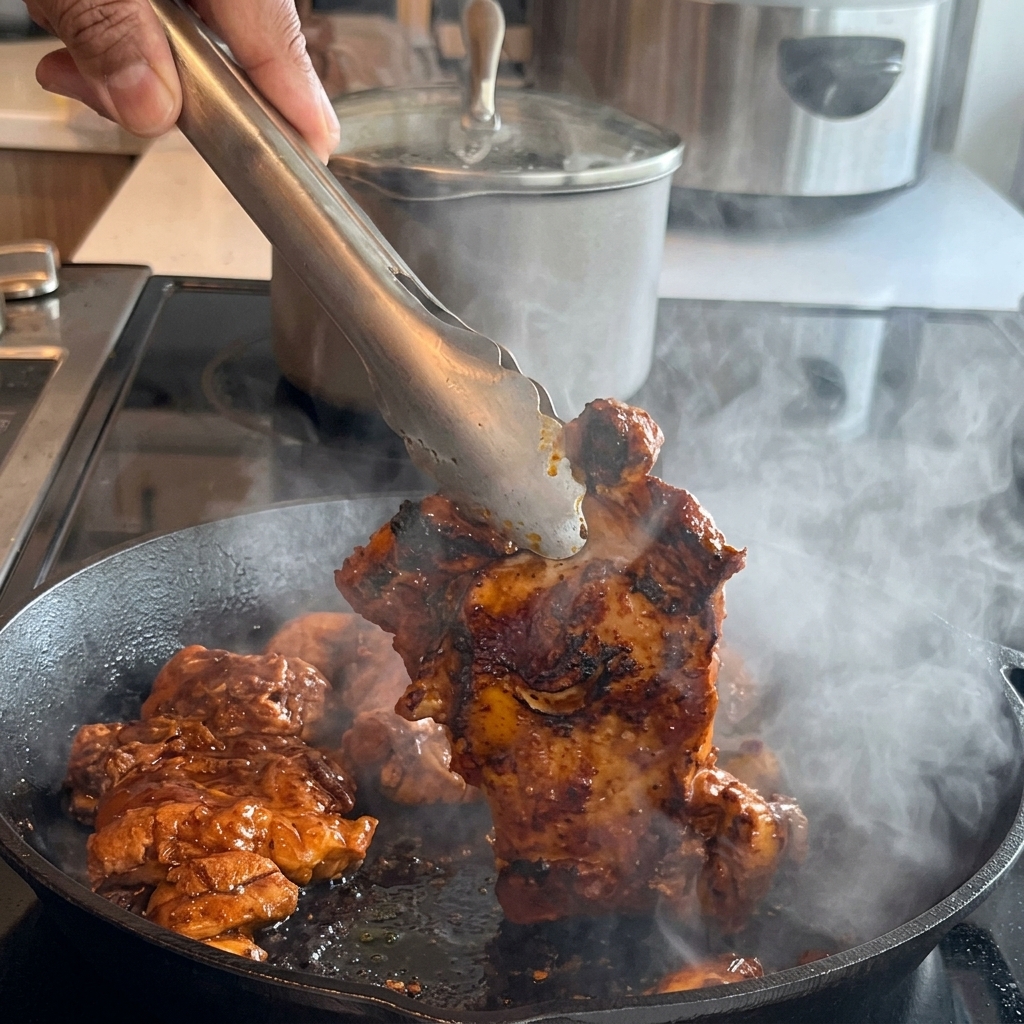 Pinze che sollevano e girano una coscia di pollo ben dorata e rosolata in una padella nera molto calda.