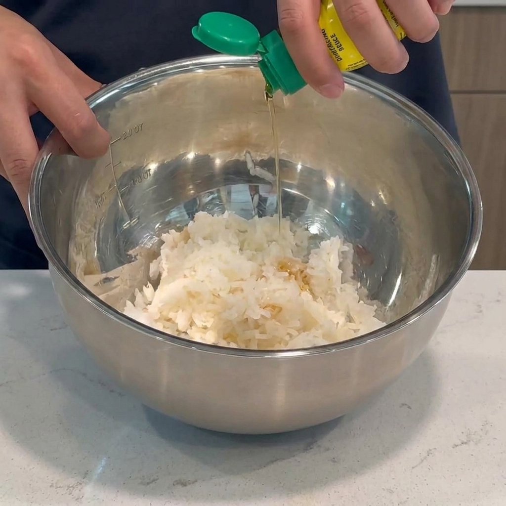 Un flusso di olio versato da una bottiglia con tappo verde sul riso bianco cotto dentro una grande ciotola in acciaio inossidabile.