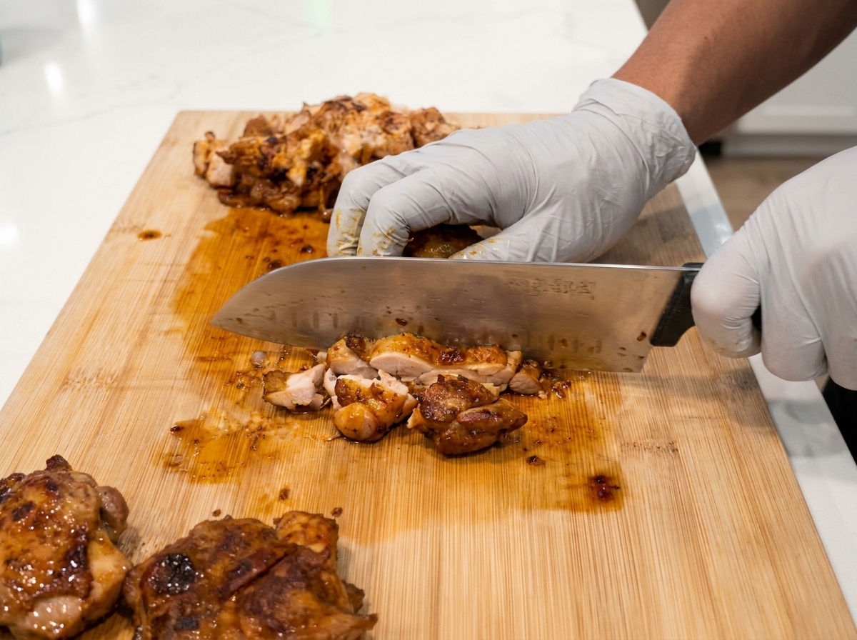 Mani guantate che usano un grosso coltello da chef per tagliare le cosce di pollo marroni cotte in pezzi grandi quanto un boccone su un tagliere di legno.