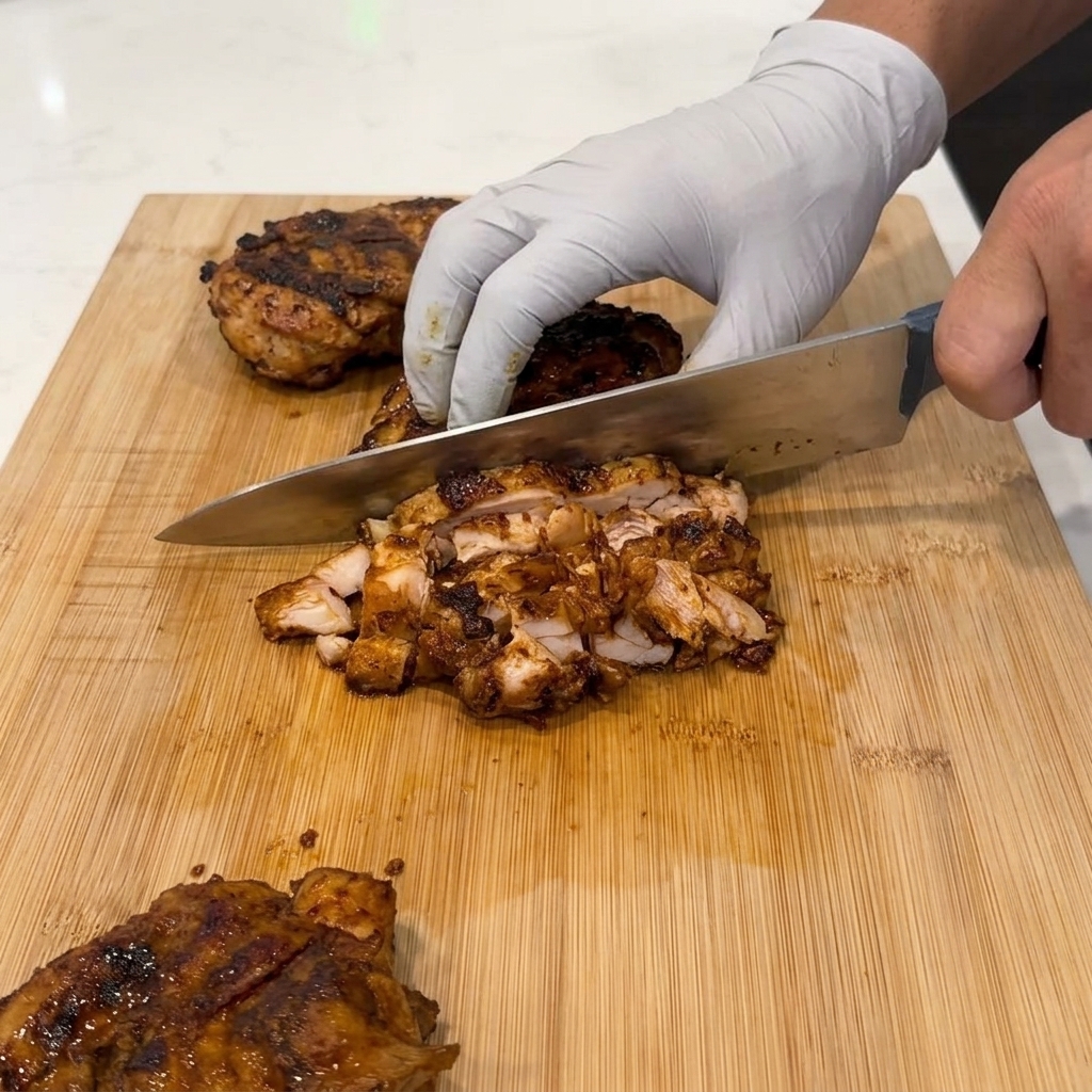 Salsa scura di miele e adobo versata sul pollo cotto a dadini in una ciotola di miscelazione in acciaio inossidabile.