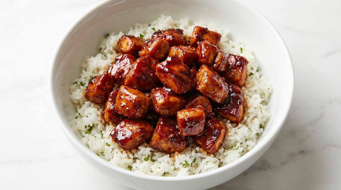 Una ciotola vibrante di soffice riso al lime e coriandolo guarnita con pollo al chipotle e miele lucido, dolce e piccante.