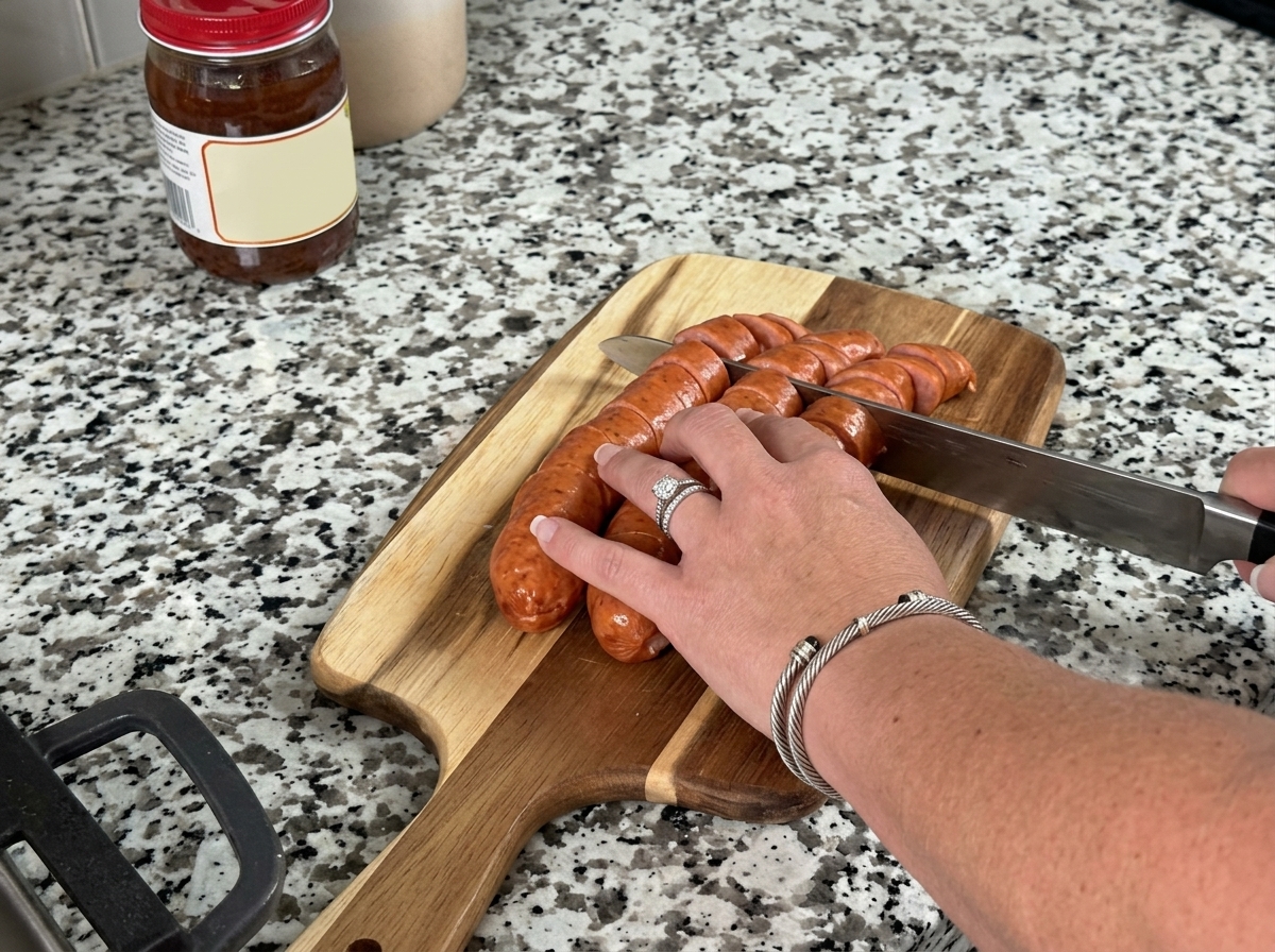 Fette di salsiccia andouille tagliate su un tagliere di legno con un coltello.