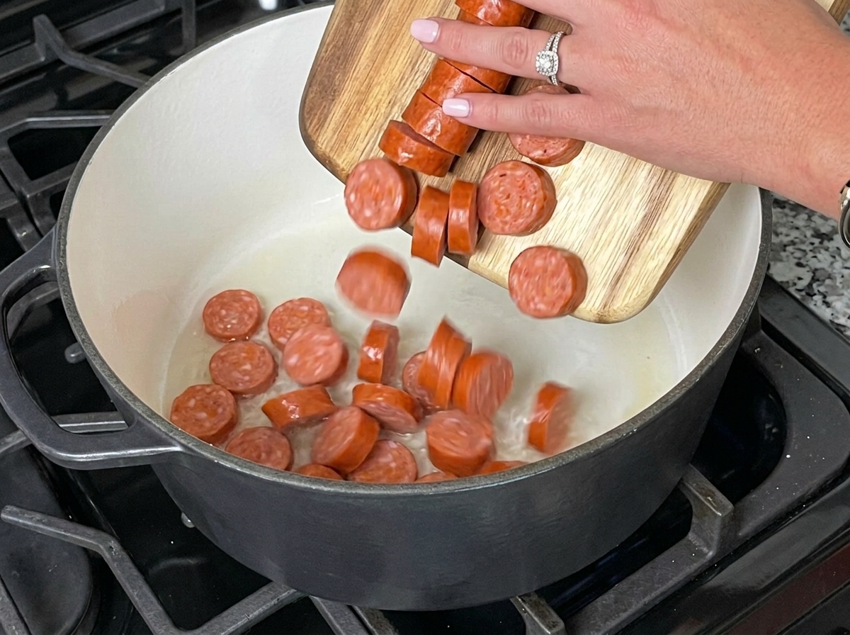 Salsiccia andouille a fette versata da un tagliere in una pentola calda con grasso fuso.