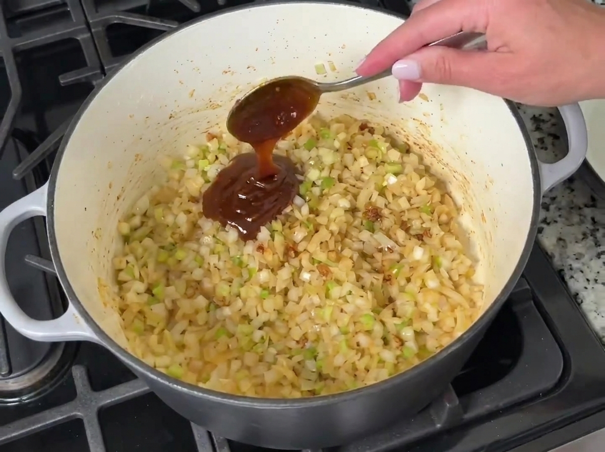 Una cucchiaiata di roux scuro in barattolo mescolato alle verdure a cubetti cotte in una pentola.