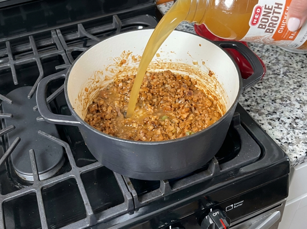 Brodo di ossa di pollo versato da una bottiglia in una pentola contenente un roux scuro e un mix di verdure.