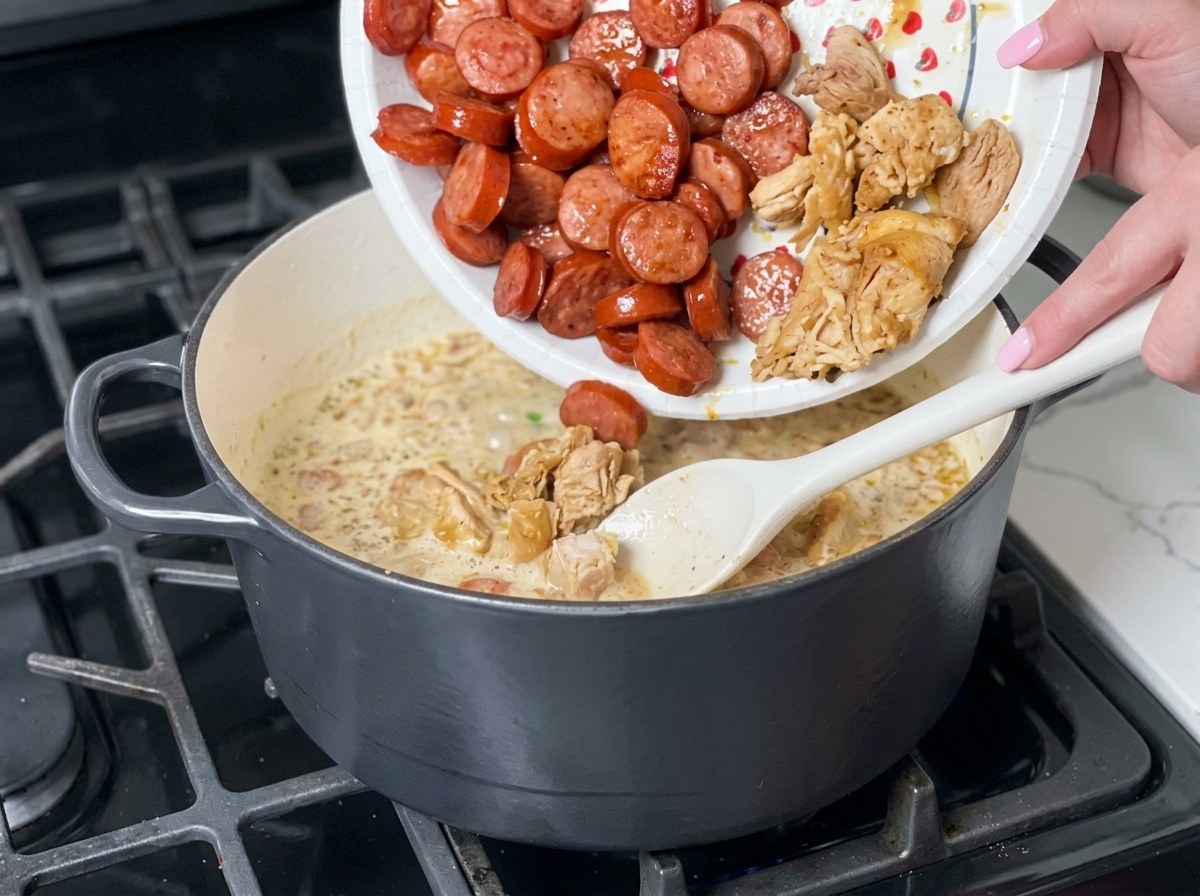 Pezzi di pollo rosolati e fette di salsiccia versati da un piatto di carta in una pentola di gumbo.