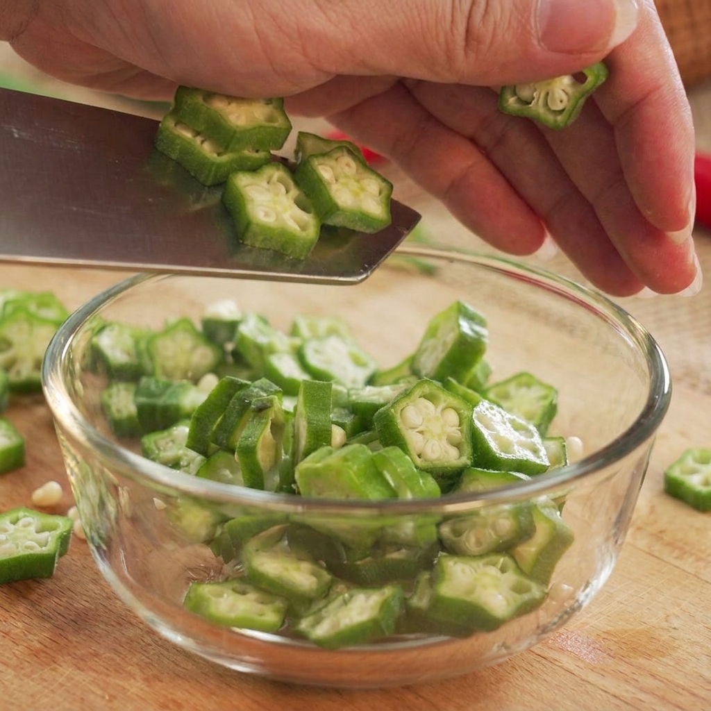 Okra affettata a stella spostata dalla lama di un coltello in una ciotola di vetro trasparente.
