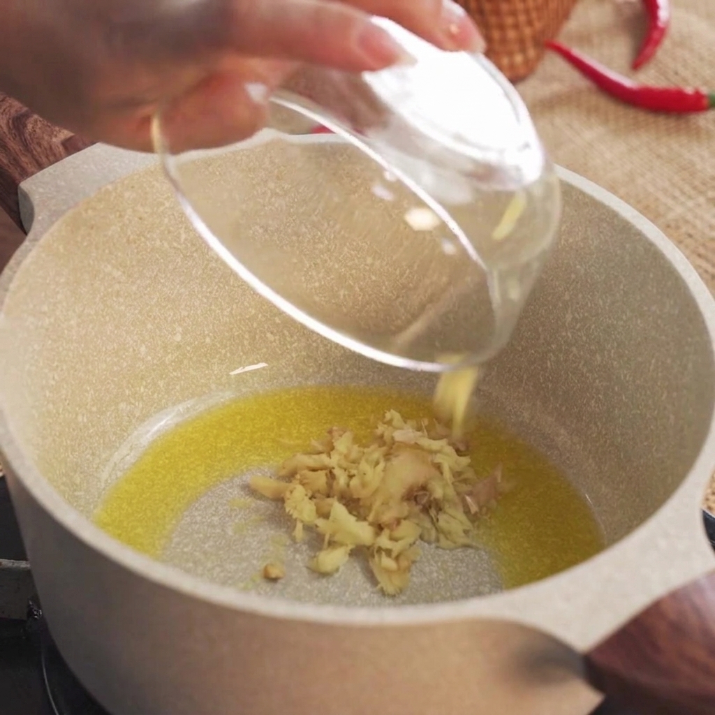 Zenzero tritato versato nellolio da cucina caldo allinterno di una pentola di ceramica.