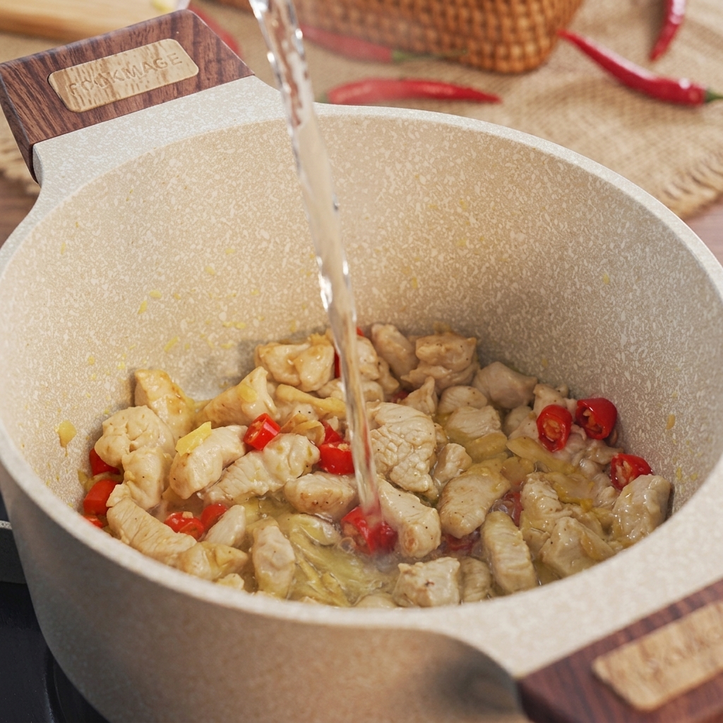 Acqua limpida versata a flusso nella pentola sopra il pollo parzialmente cotto e gli aromi.
