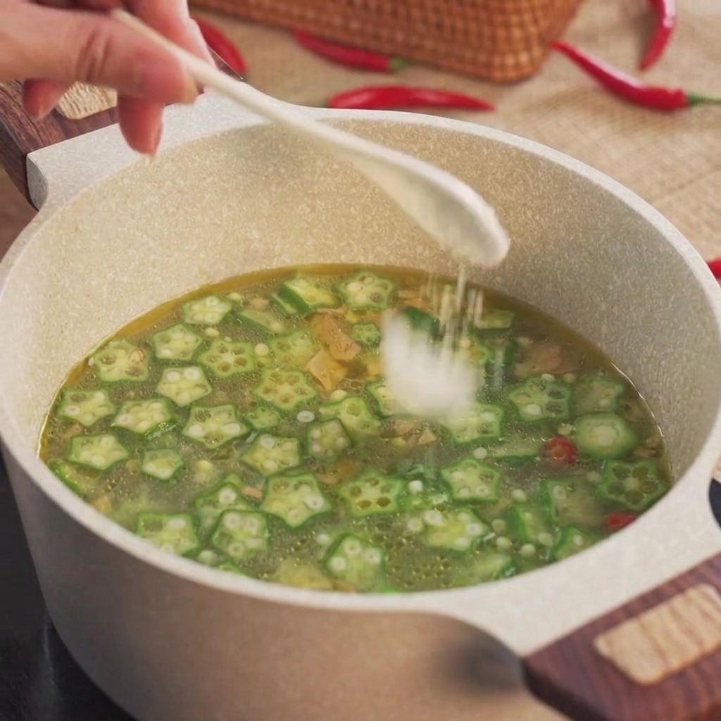Un cucchiaio bianco che cosparge di sale una pentola piena di pollo, fette di okra a stella e brodo in ebollizione.