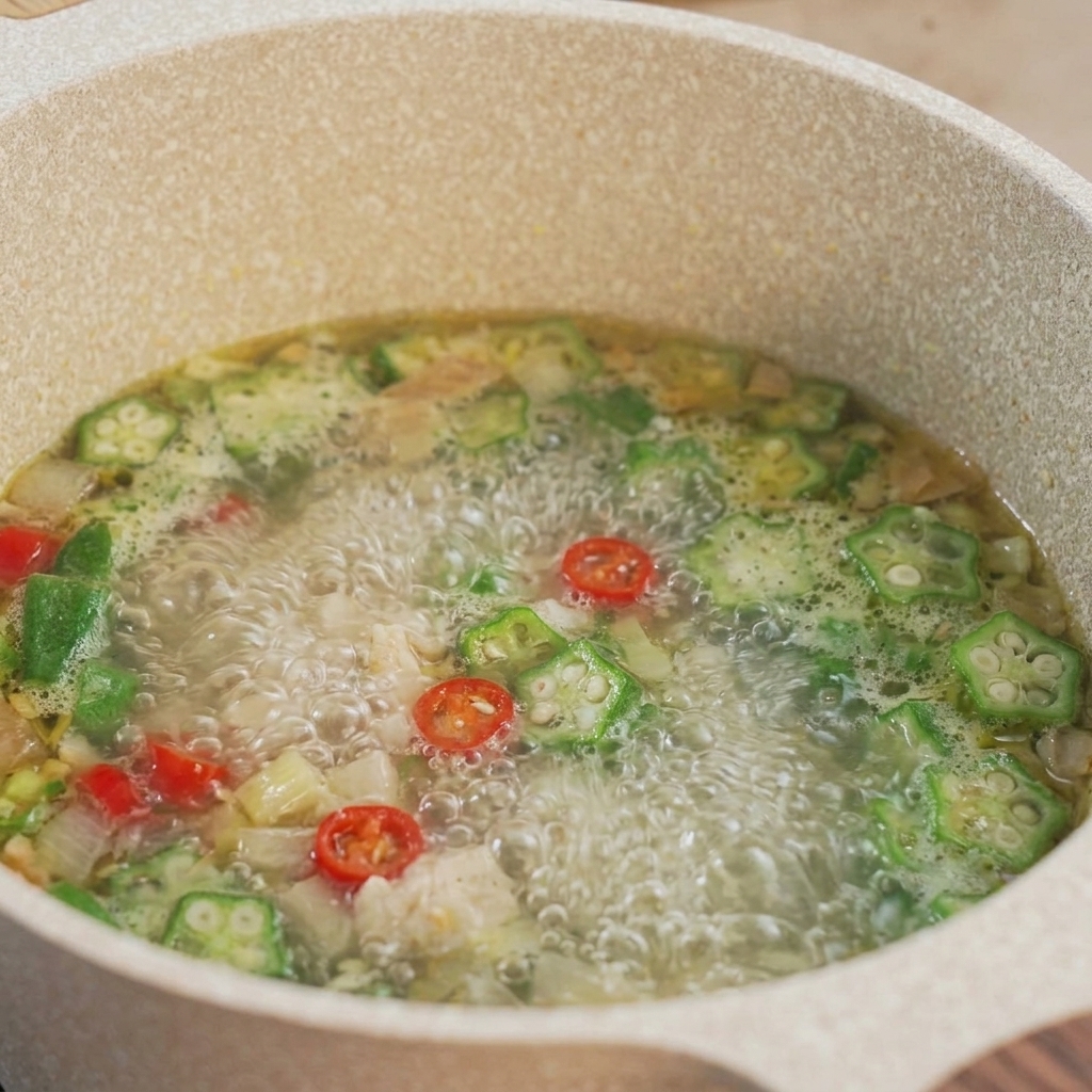 Una zuppa vivace che bolle vigorosamente in una pentola con fette di okra verde brillante, peperoncini rossi e pollo cotto.