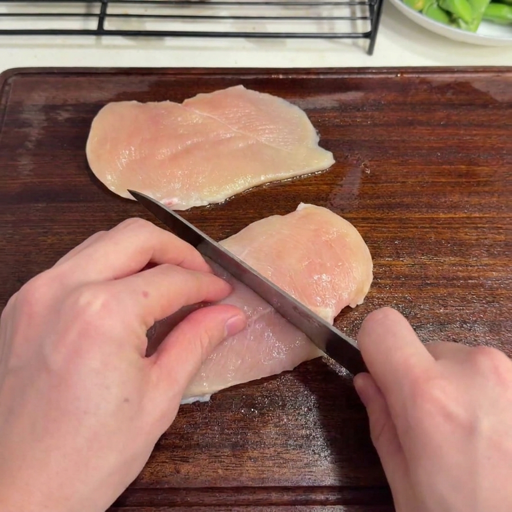 Un coltello che taglia il petto di pollo crudo a cubetti su un tagliere di legno.