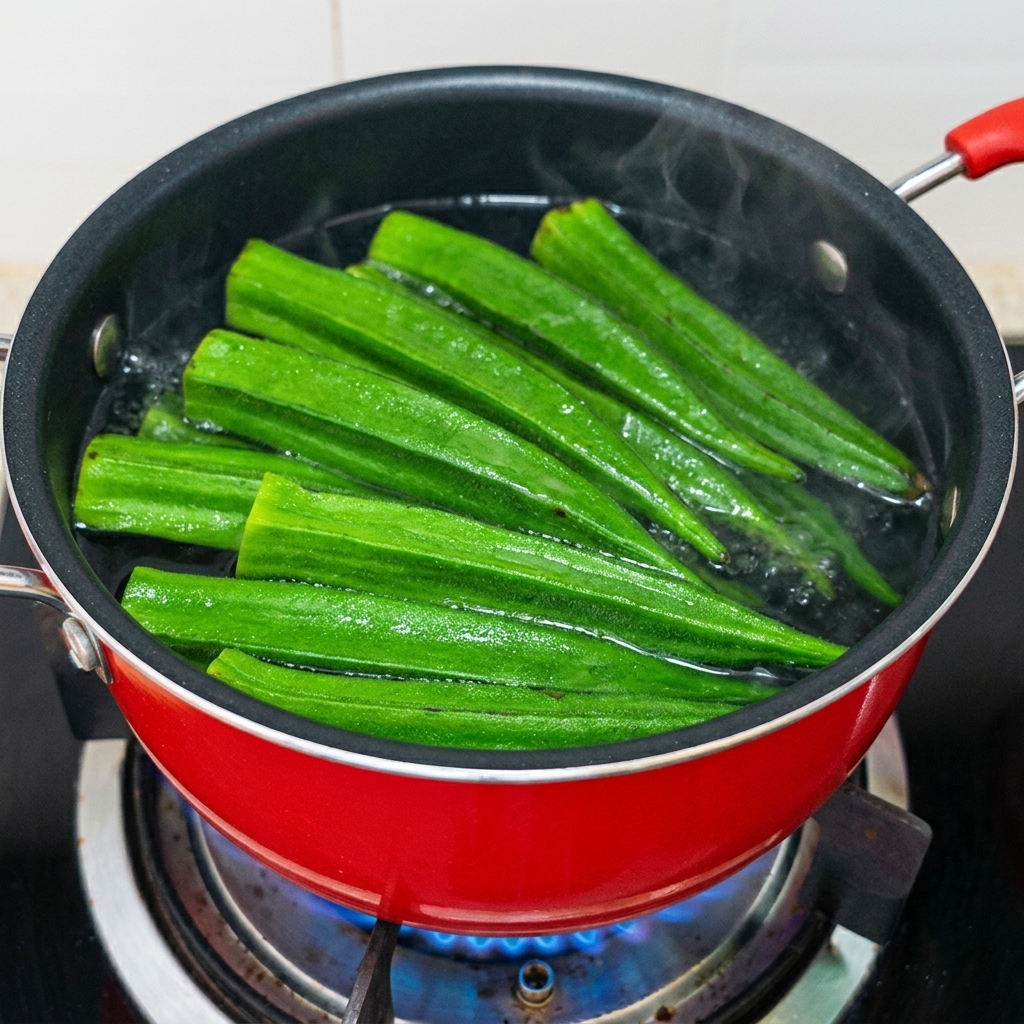 Baccelli di okra verde che bollono vigorosamente in una pentola rossa con acqua condita.