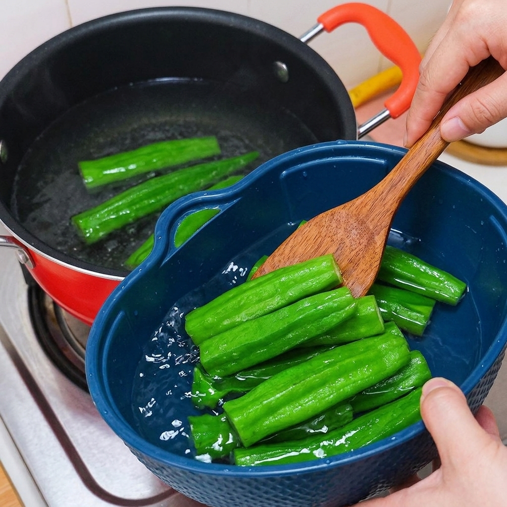 Okra bollita sollevata da una pentola calda e posta in un colino blu pieno di acqua ghiacciata.