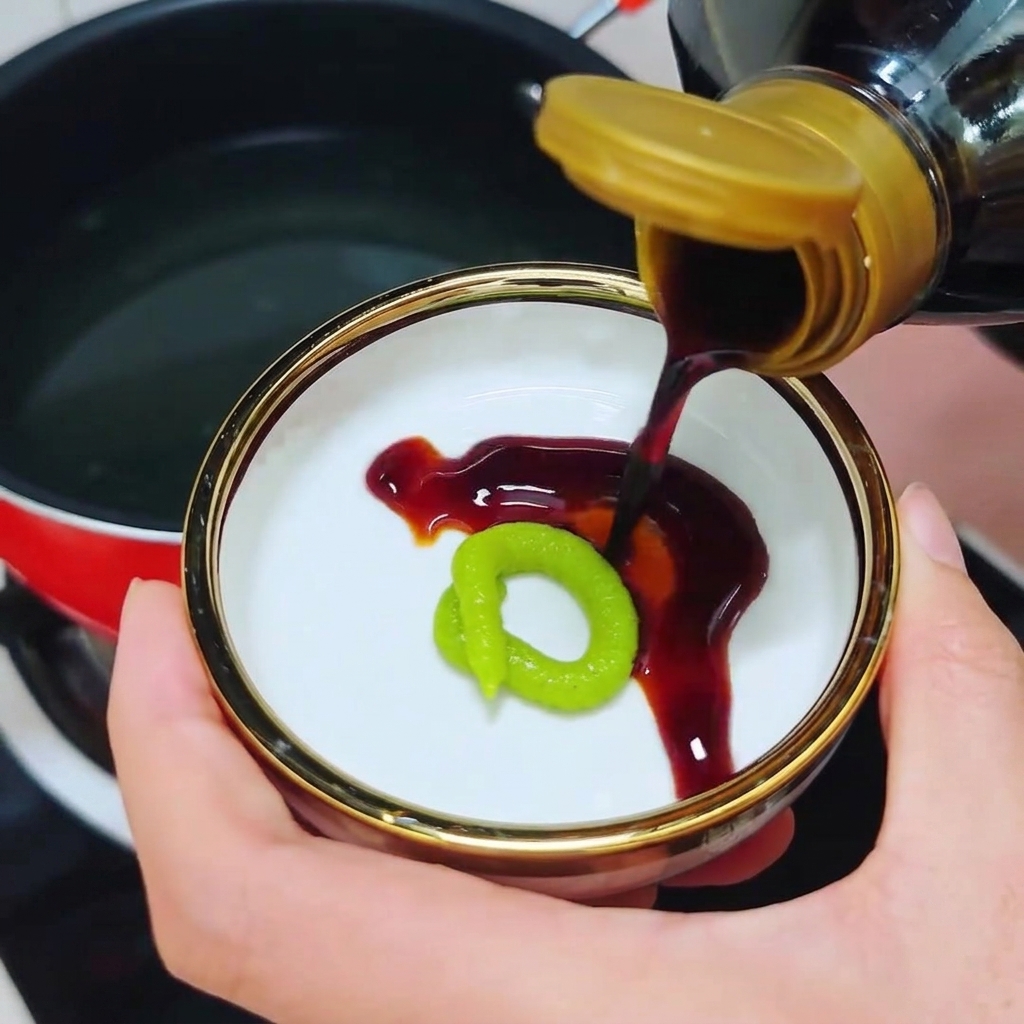 Salsa di soia scura che scorre da una bottiglia in un piccolo piattino accanto a un anello di wasabi verde.