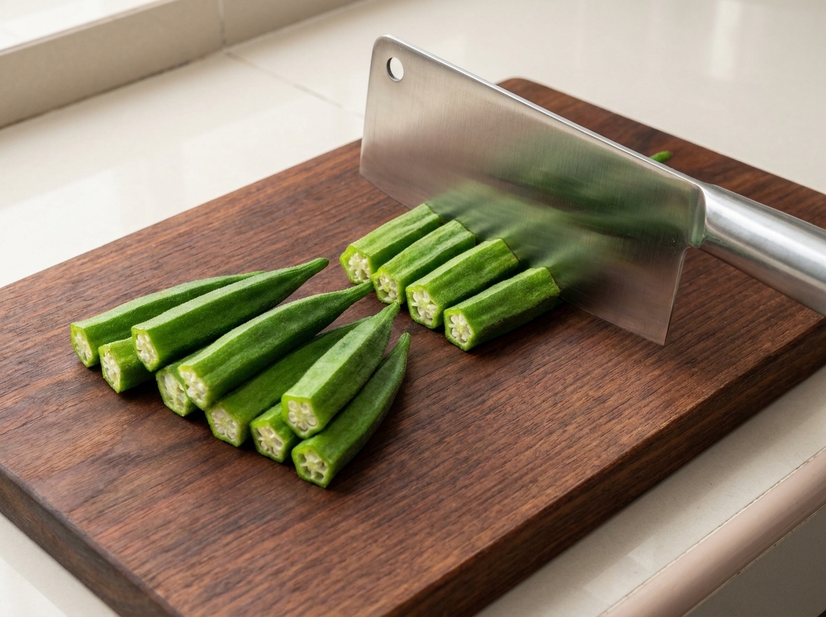 Baccelli di okra raffreddati tagliati in segmenti a misura di boccone con una mannaia di metallo su un tagliere di legno.